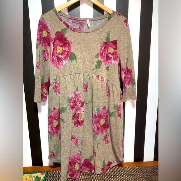Mid Y2K Grey & Purple Floral Sweater Dress 3/4 Sleeve Large 12/14 Woman’s - Picture 1 of 7